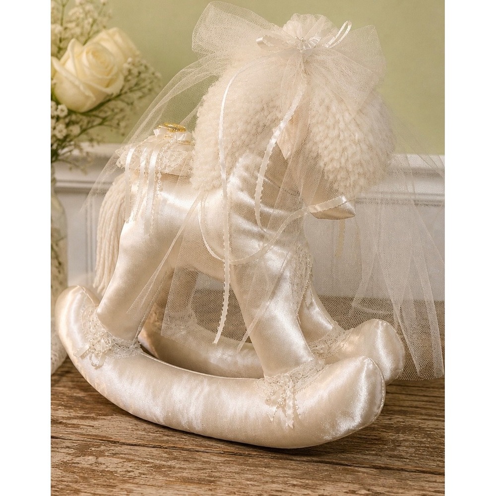 Vintage Ivory Satin Rocking Horse Bride Plush Lace Tulle Wedding Decor 12in